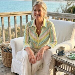 Robert Louis NY Coastal Grandmother Striped Button Up Blouse Top XL Tropical